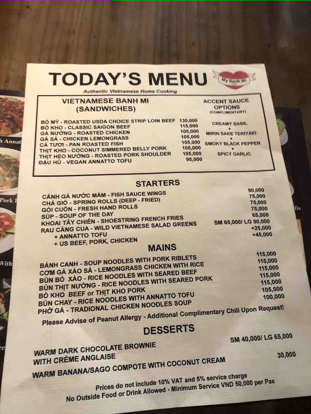 MyBanhmi menu